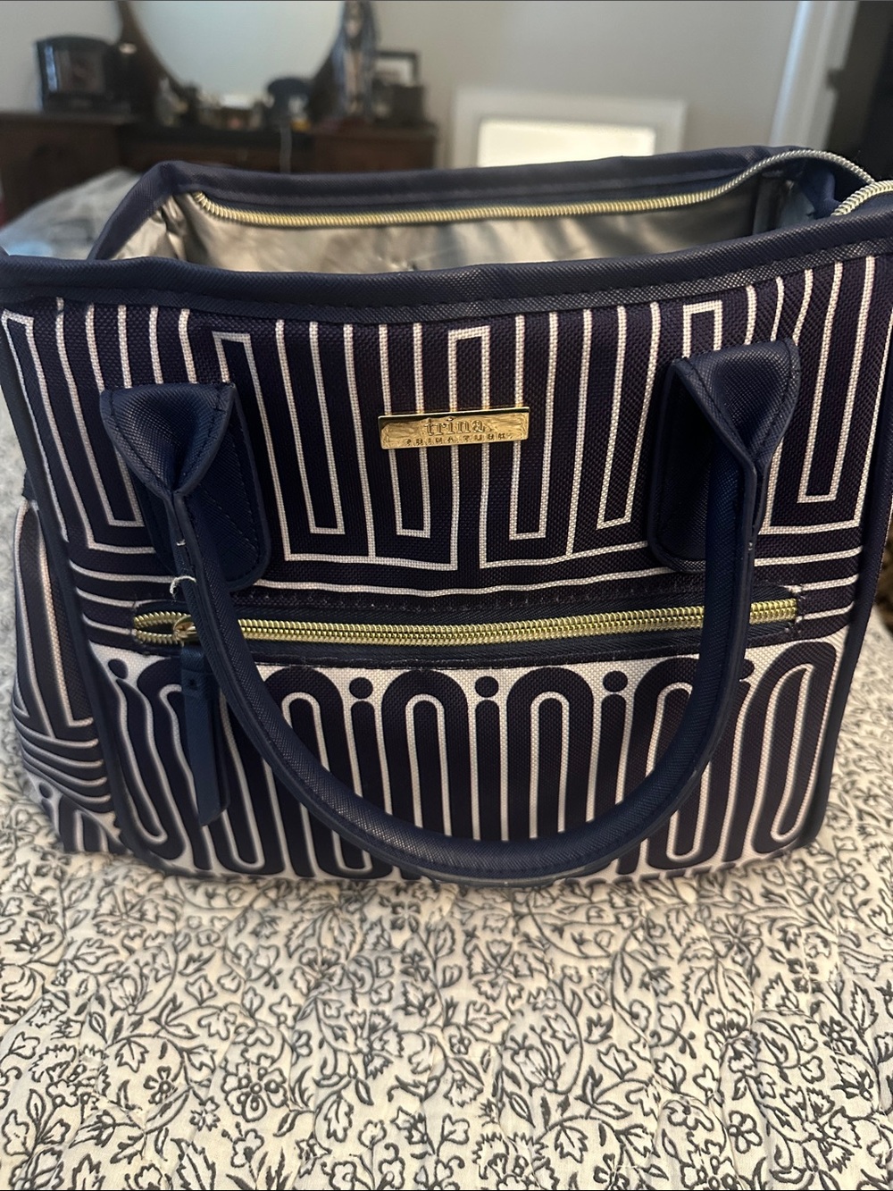 Trina Turk Navy and White Patterned Tote Bag - Stylish Everyday Carry